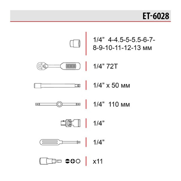 Набір інструментів 1/4, 28 одиниць (гол. 4-13 мм, біти 11 одиниць) Intertool ET-6028