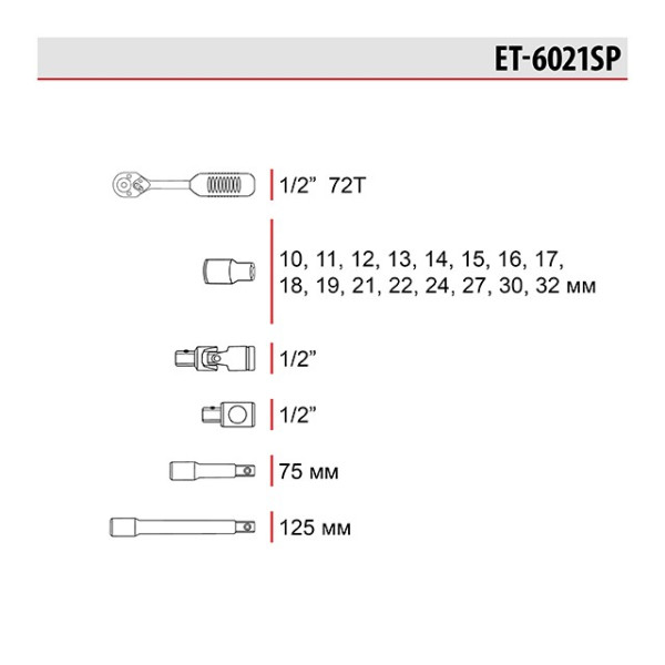 Набір інструментів 21 одиниць, 1/2  Intertool ET-6021SP