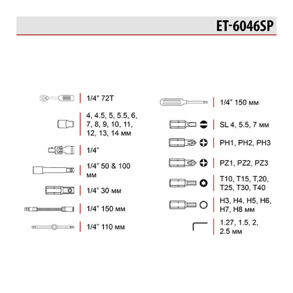 Набор инструментов, 46 единиц, 1/4 Intertool ET-6046SP