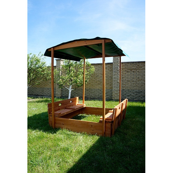 Sandbox made of wood with a roof and SportBaby benches