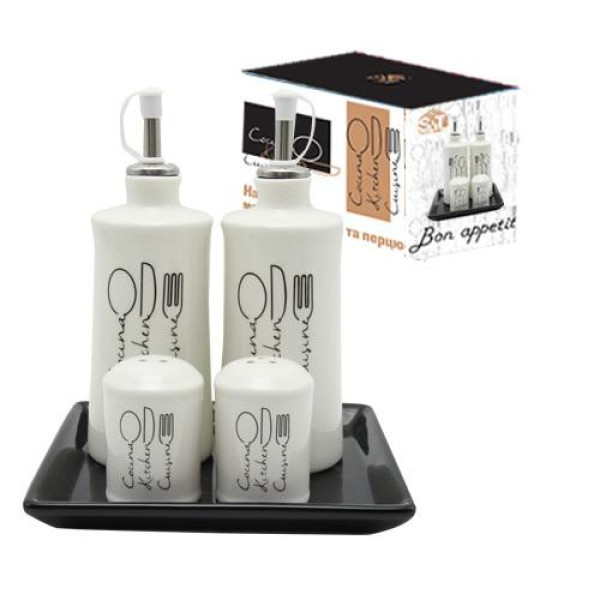 Set 5 items 2 bottles for oil/vinegar set for salt and pepper on a ceramic stand Bon appetit SNT Ukraine