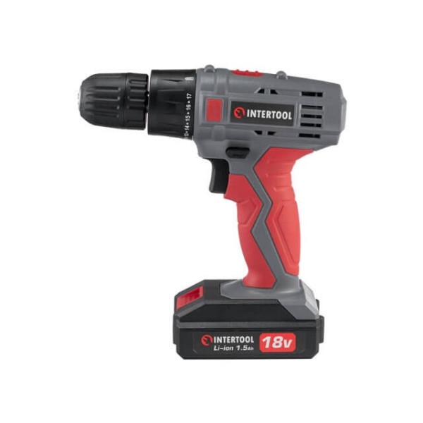 Cordless drill-screwdriver 18 V, 17 Nm, 0-700 rpm, 0.8-10 mm, Li-Ion, 1.5 Ah Intertool DT-0315