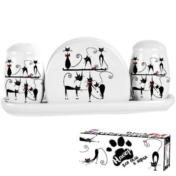 Salt and pepper set with a napkin holder on a ceramic stand Black Cat SNT Ukraine