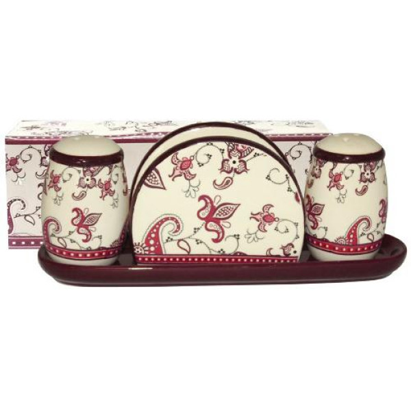 Salt and pepper set with a napkin holder on a ceramic stand Ornament SNT Ukraine