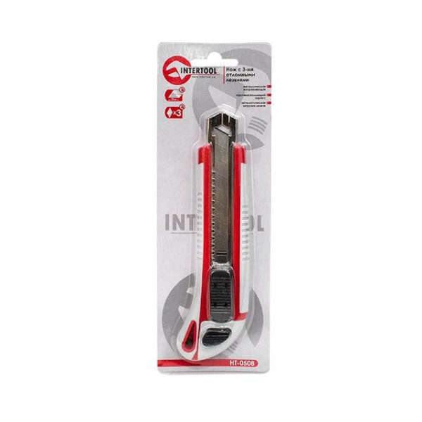 Knife with 3 snap-off blades 18 mm, metal guide, anti-slip case Intertool HT-0508