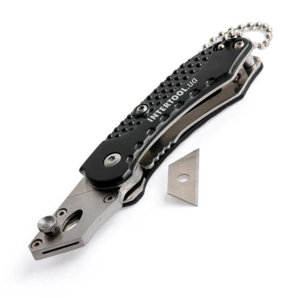 Folding construction knife with trapezoidal blade 9 mm mini, SK5, aluminum handle Intertool HT-0532