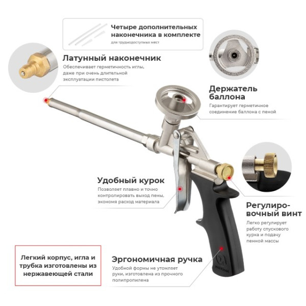 Gun for mounting foam + 4 nozzles Intertool PT-0603