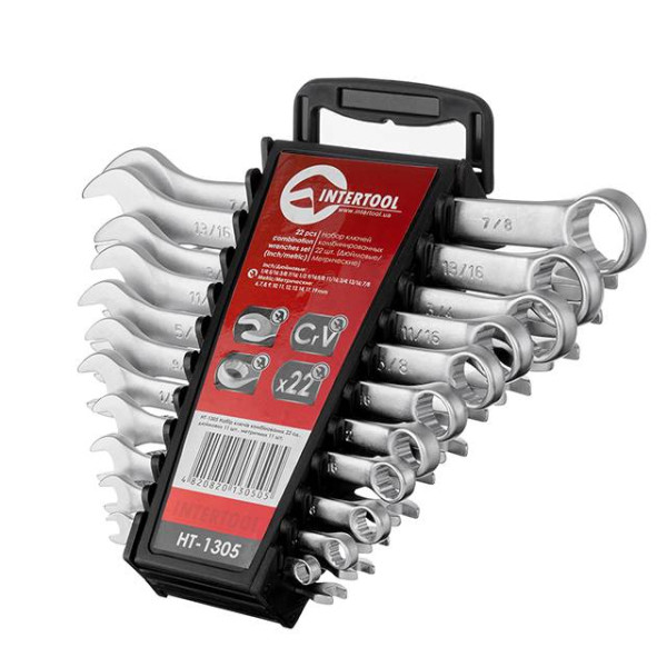 Combination spanner set 22 units inch 11 units metric 11 units Intertool HT-1305