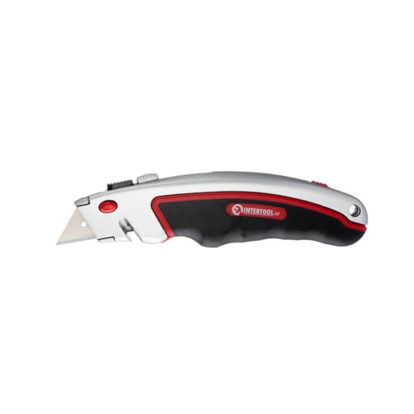 Knife with retractable trapezoidal blade, metal body, rubberized Intertool HT-0516