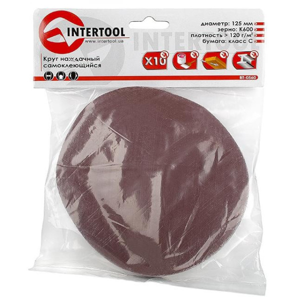 Self-adhesive sandpaper circle 125 mm, paper class C, density 120 g/m2, K600, pack. 10 units of Intertool BT-0560
