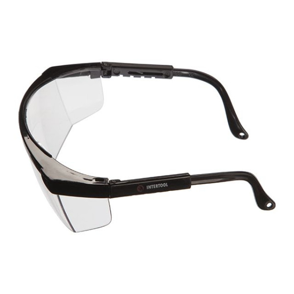 Transparent safety glasses, polycarbonate lens material, adjustable nylon earmuffs, impact protection, optical class 1 Intertool SP-0080