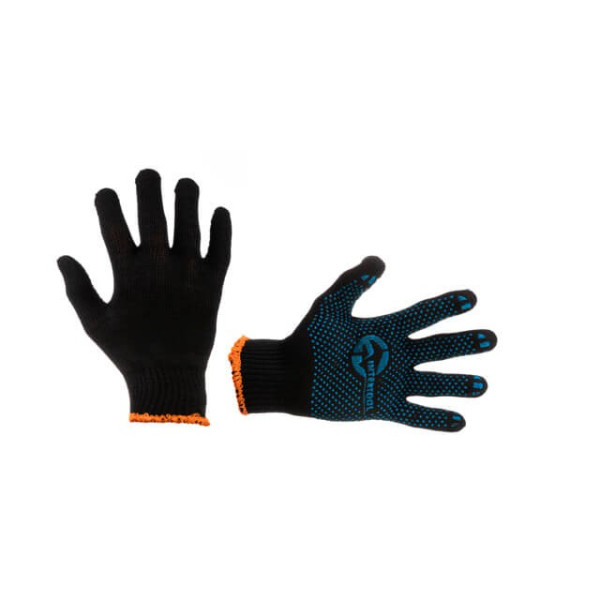 Knitted glove 70% cotton / 30% polyester, with PVC dot, knitting class 10, color black, blue dot, 55 g Intertool SP-0129