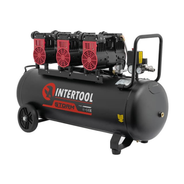 Compressor 100 l, 3x1.1 kW, 220 V, 8 atm, 480 l/min, 1400 rpm, low noise, oil-free, 6 cylinders Intertool PT-0028