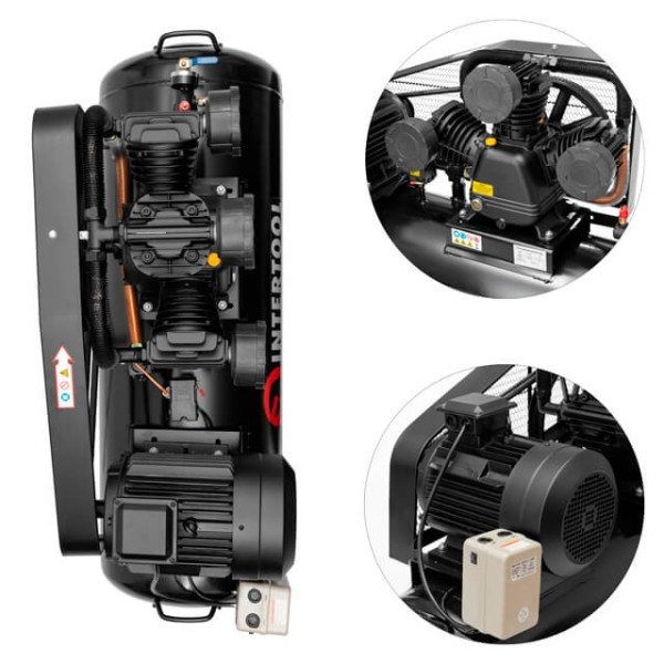 Compressor 200 l, 7.5 kW, 380 V, 10 atm, 1050 l/min, 3 cylinders Intertool PT-0040