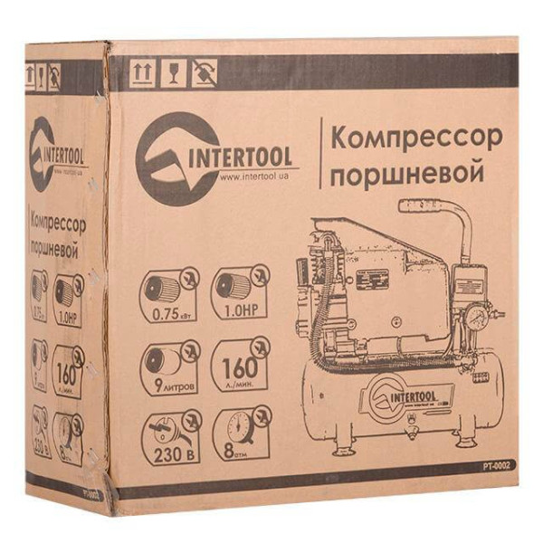 Компрессор 9 л, 0.75 кВт, 220 В, 8 атм, 160 л/мин Intertool PT-0002