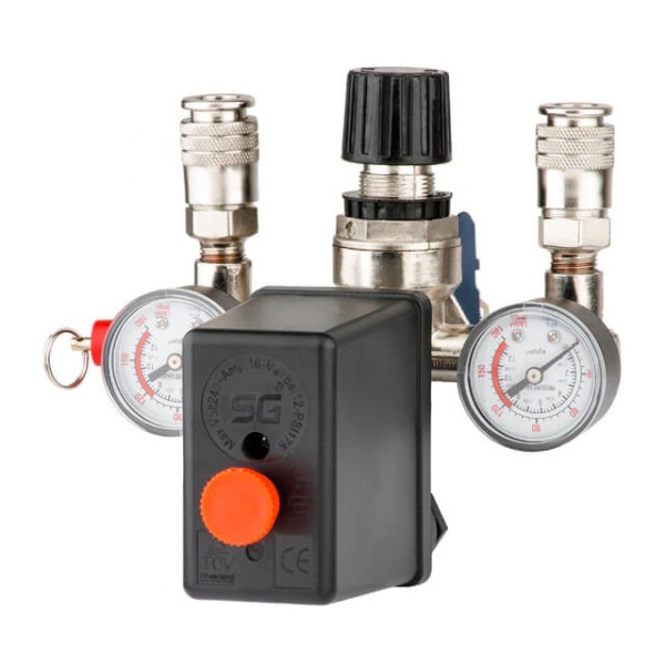 Pressure switch assembly (pressure switch, reducer, 2 manometers, safety valve, two outputs) Intertool PT-9094
