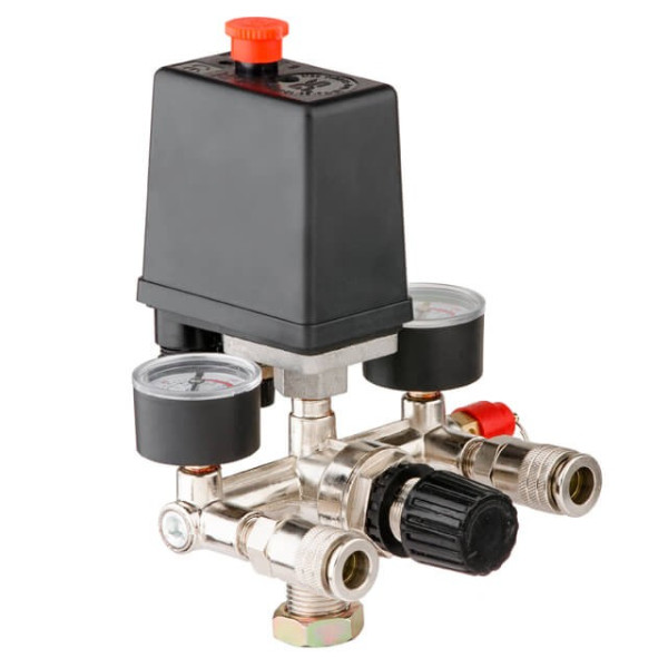 Pressure switch assembly (pressure switch, reducer, 2 manometers, safety valve, two outputs) Intertool PT-9094