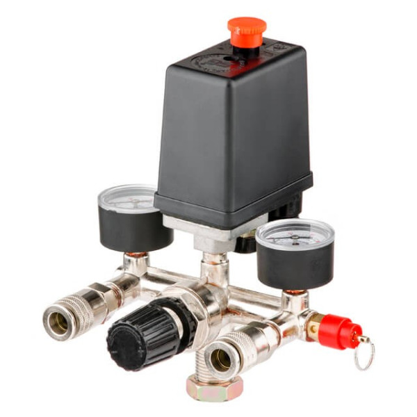Pressure switch assembly (pressure switch, reducer, 2 manometers, safety valve, two outputs) Intertool PT-9094