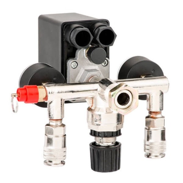 Pressure switch assembly (pressure switch, reducer, 2 manometers, safety valve, two outputs) Intertool PT-9094