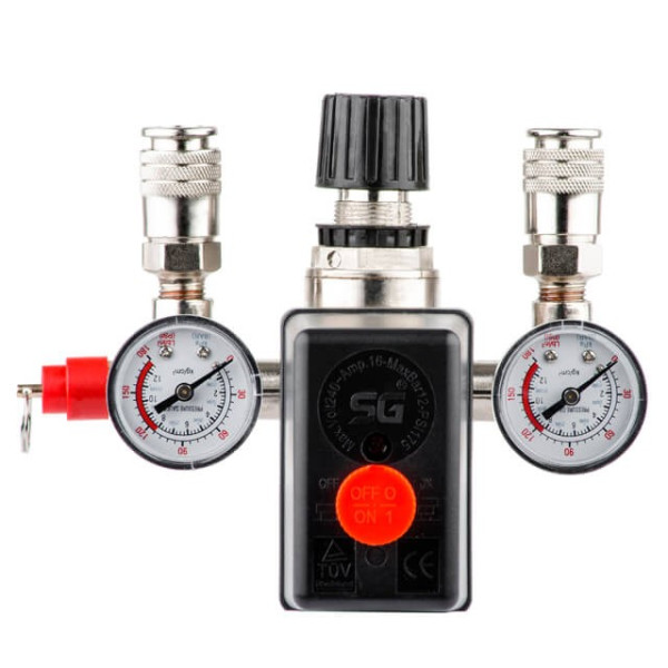 Pressure switch assembly (pressure switch, reducer, 2 manometers, safety valve, two outputs) Intertool PT-9094