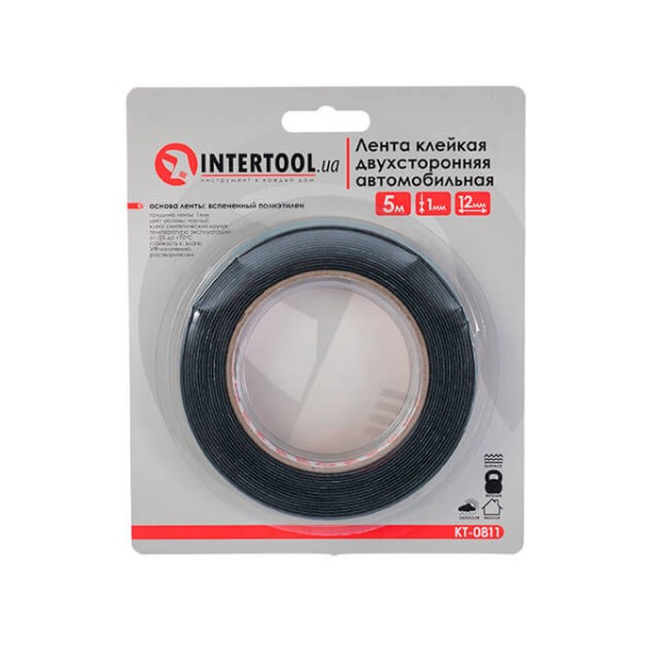 Double-sided automotive adhesive tape, 12 mm*5 m*1 mm, black, foamed polyethylene Intertool KT-0811