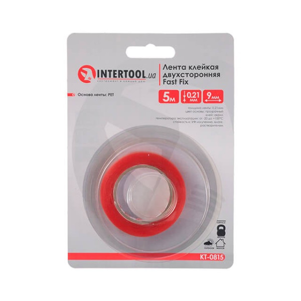 Double-sided adhesive tape FAST FIX, 9 mm*5 m*0.21 mm, transparent, PET Intertool KT-0815