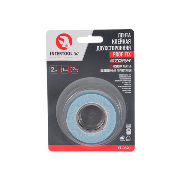 Double-sided adhesive tape PROF FIX, 12 mm*2 m*1 mm, white, foamed polyethylene, STORM Intertool KT-0820