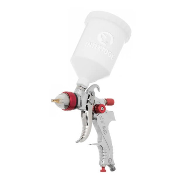 HVLP pneumatic spray gun with three sets of nozzles - 1.3 mm, 1.4 mm, 1.7 mm, plastic tank, 3 bar Intertool PT-0153
