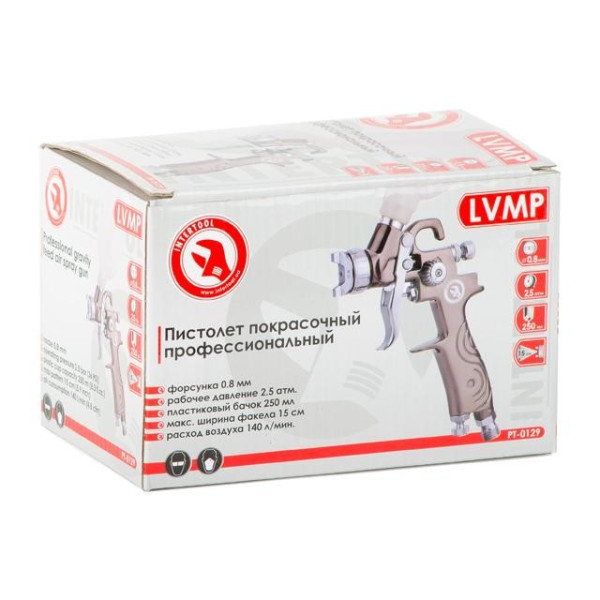 Paint gun pneumatic LVMP MINI, nozzle 0.8 mm, upper plastic tank 250 ml, 2-2.5 bar Intertool PT-0129