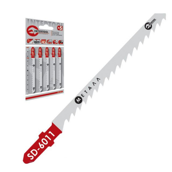 A set of canvases of 5 units for a jigsaw. Working length 75 mm, distance between teeth 3.0 mm, for working with non-ferrous metal and reinforced plastic. Intertool SD-6011