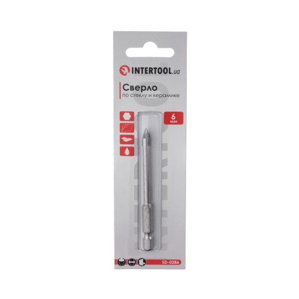 Сверло по стеклу и керамике 6 мм HEX 1/4' (6.35 mm) Intertool SD-0286