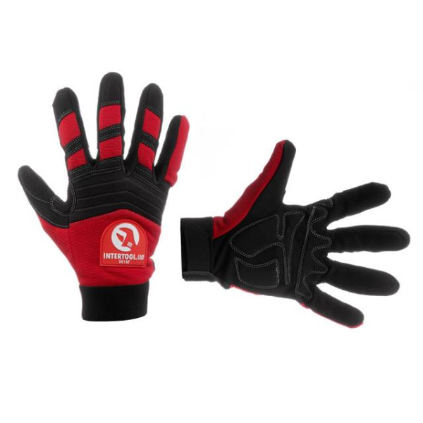 Microfiber fabric gloves, red with black spandex inserts. Reinforced neoprene coating on the palm, covered with nitrile on Velcro 10 Intertool SP-0143