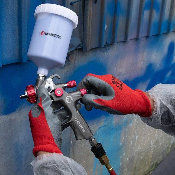 Red knitted synthetic glove, covered with gray nitrile on the palm 10 Intertool SP-0124