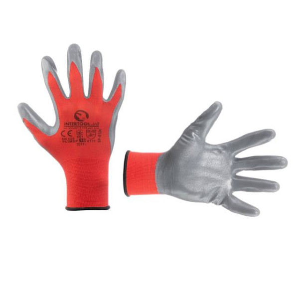 Red knitted synthetic glove, covered with gray nitrile on the palm 10 Intertool SP-0124