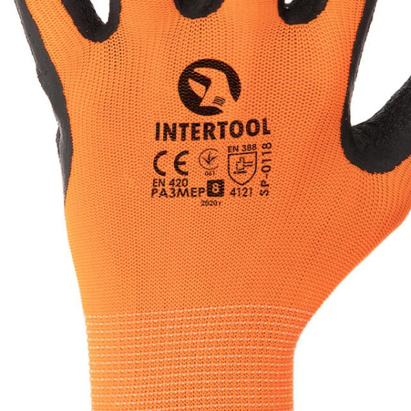 Knitted glove, synthetic, orange, coated with black ribbed latex, 8 Intertool SP-0118