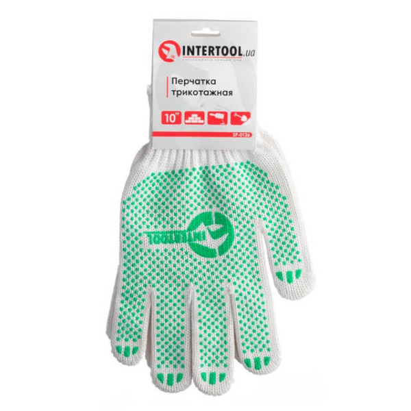 Knitted glove 60% cotton / 40% polyester, with PVC dot, knitting class 7, color white, with plating, green dot, 90 g Intertool SP-0126