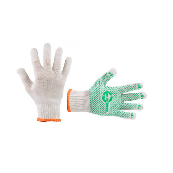 Knitted glove 60% cotton / 40% polyester, with PVC dot, knitting class 7, color white, with plating, green dot, 90 g Intertool SP-0126