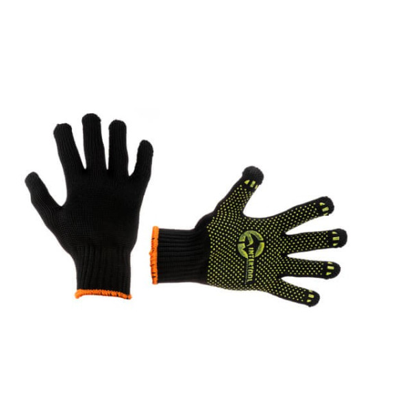 Knitted glove 60% cotton / 40% polyester, with PVC dot, knitting class 7, color black, with plating, yellow dot, 90 g Intertool SP-0125