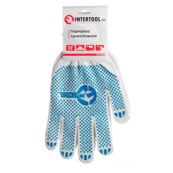 Knitted glove 70% cotton / 30% polyester, with PVC dot, knitting class 10, color white, blue dot, 52 g Intertool SP-0130