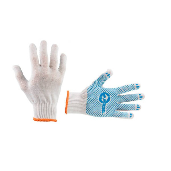 Knitted glove 70% cotton / 30% polyester, with PVC dot, knitting class 10, color white, blue dot, 52 g Intertool SP-0130