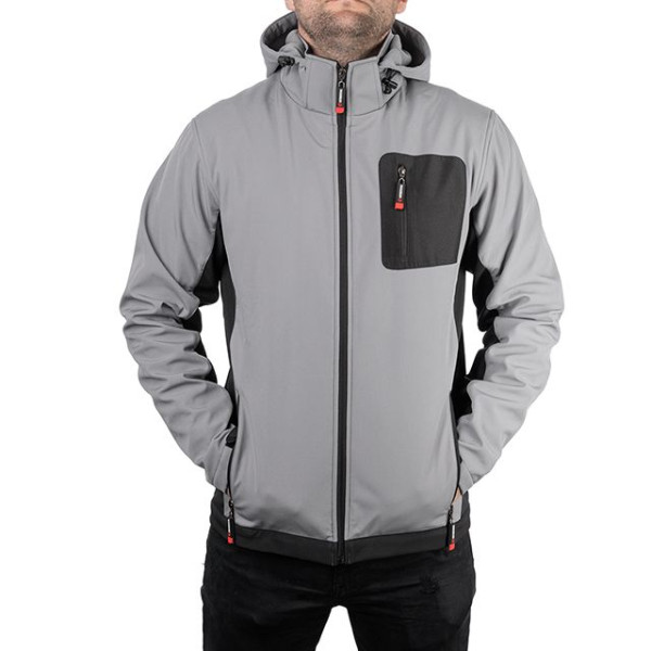 SOFTSHELL jacket light gray and black, with a hood, three-layer, stretch fabric 300 GSM 100D with water, wind protection, size M Intertool SP-3122