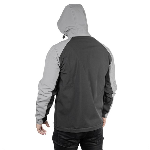 SOFTSHELL jacket light gray and black, with a hood, three-layer, stretch fabric 300 GSM 100D with water, wind protection, size M Intertool SP-3122