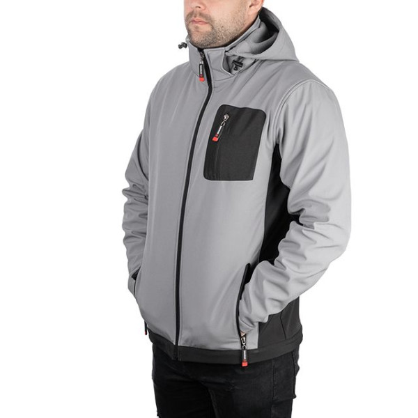 Куртка SOFTSHELL светло серо-черная, с капюшоном, трехслойная, ткань стрейч 300 GSM 100D Intertool SP-3123