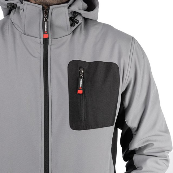 SOFTSHELL jacket light gray and black, with a hood, three-layer, stretch fabric 300 GSM 100D with water, wind protection, size XXXL Intertool SP-3126