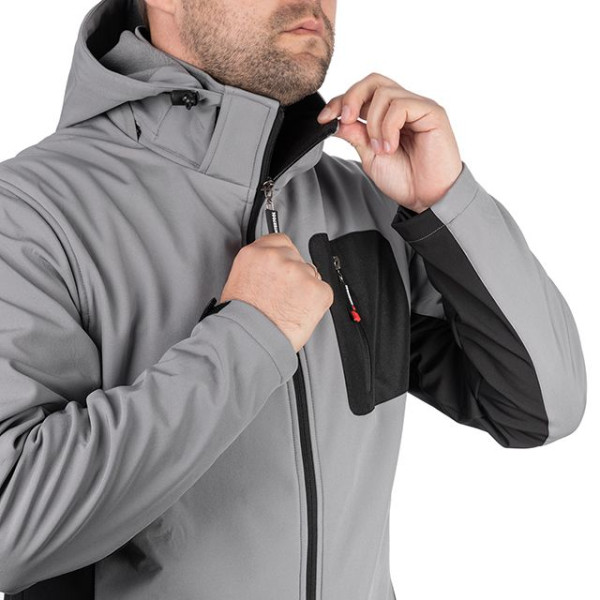 SOFTSHELL jacket light gray and black, with a hood, three-layer, stretch fabric 300 GSM 100D with water, wind protection, size XXXL Intertool SP-3126