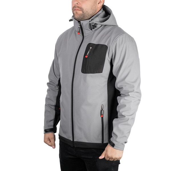 SOFTSHELL jacket light gray and black, with a hood, three-layer, stretch fabric 300 GSM 100D with water, wind protection, size M Intertool SP-3122