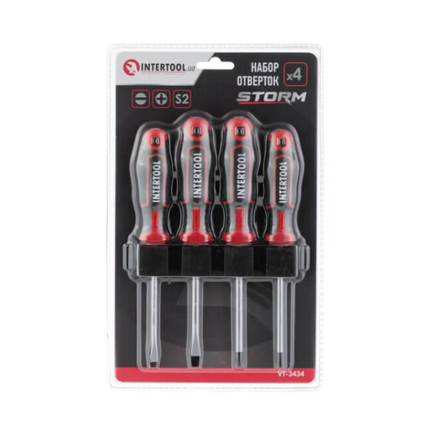 Set of 4 screwdrivers (SL5.0*100 mm, SL6.0*100 mm, PH1*100 mm, PH2*100 mm), STORM Intertool VT-3434