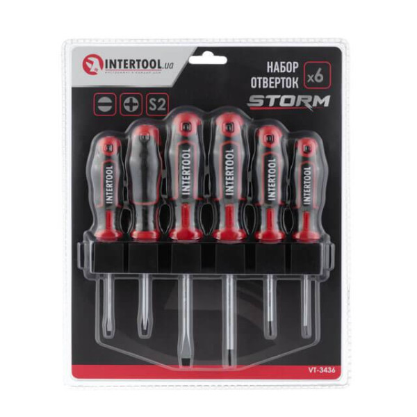 Set of 6 screwdrivers (SL3.0*75 mm, SL5.0*75 mm, SL6.0*100 mm, PH0*75 mm, PH1*75 mm, PH2*100 mm), STORM Intertool VT-3436