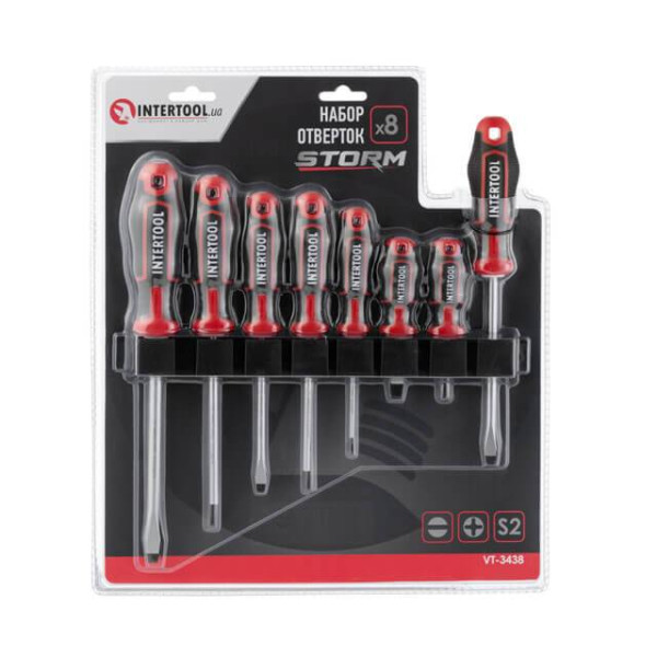 Set of 8 screwdrivers (SL5.0*100 mm, SL6.0*38 mm, SL6.0*125 mm, SL8.0*150 mm, PH0*75 mm, PH1*100 mm, PH2*38 mm, PH2* 125 mm), STORM Intertool VT-3438