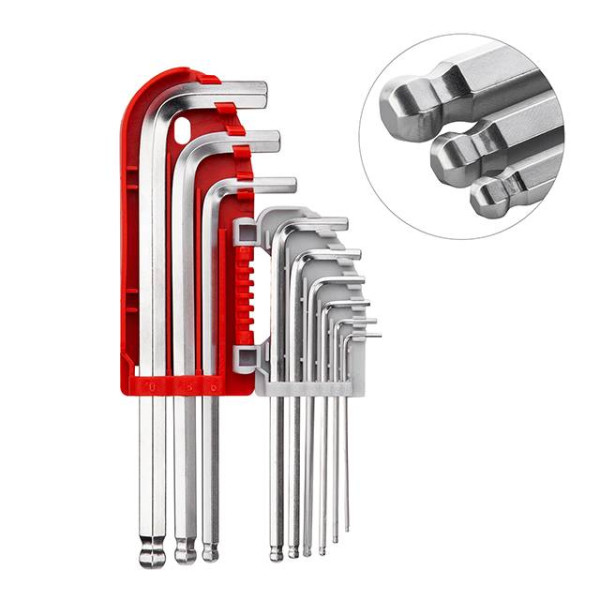 Set of L-shaped hexagon keys with a ball tip 9 pcs., 1.5-10 mm, S2, PROF Intertool HT-1813